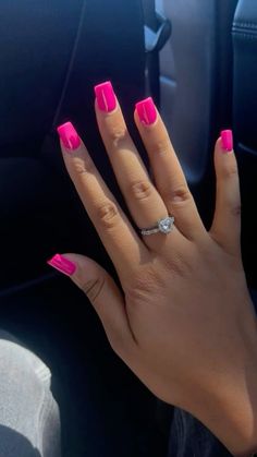 Black And Hot Pink Nails Short, Hot Pink Nails And Black, Fuschia Nails Acrylic, Square Hot Pink Nails, Short Nails Hot Pink, Fuschia Pink Nails, Hot Pink Square Nails, Acrylic Nails Hot Pink