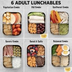 six different lunches are arranged in four sections