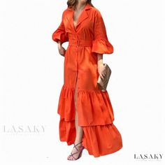 Lasaky - Chic Long Dress with Ruffles and Flared Sleeves Orange Ruffled Midi Dress For Brunch, Orange Maxi Dress With Ruffles And Short Sleeves, Orange Ruffled Midi Dress For Day Out, Orange Midi Dress With Ruffles For Day Out, Elegant Red Ruffle Dress For Summer, Orange Ruffled Midi Dress For Fall, Chic Orange Ruffled Maxi Dress, Elegant Orange Maxi Dress For Day Out, Red Ruffled Maxi Dress For Spring