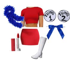 a woman in red shirt and skirt with blue pom - poms on her head