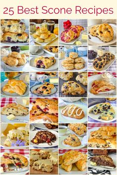 the 25 best scone recipes are on display in this collage, with images of different pastries and desserts