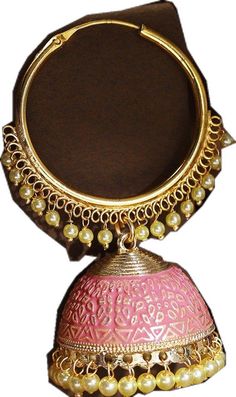 Handmade Round Chandbalis For Diwali, Traditional Pink Chandbalis With Cutdana, Festive Bollywood Metal Hoop Earrings, Traditional Pink Cutdana Jhumkas, Pink Round Chandbalis As Gift, Pink Kundan Jhumkas With Cutdana, Pink Temple Jewelry Chandbalis, Traditional Pink Hoop Earrings For Party, Pink Cutdana Chandbalis