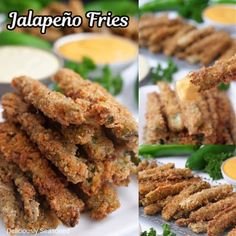 several pictures of fried food with dipping sauces