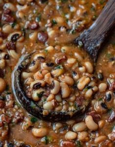 the beans are cooked and ready to be eaten in the skillet with a wooden spoon