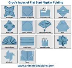 the instructions for making folded napkins in different styles and colors, including blue paper