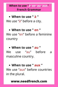 When to use “à, en, au, aux” French Grammar French 101, French Study, French Practice, Exam Season, French Conversation, Language Tips