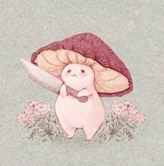 a drawing of a mushroom with a knife in it's hand and flowers around it