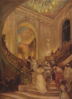 an image of a painting of people going up the stairs