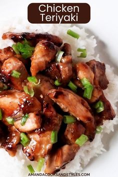 chicken teriyaki served over rice on a white plate