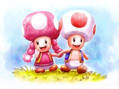 two cartoon characters holding hands in front of a mushroom