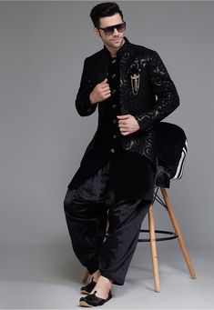 Black Bollywood Bandhgala For Ceremonial Occasions, Black Semi-stitched Traditional Sherwani, Black Semi-stitched Bollywood Sherwani, Bollywood Black Semi-stitched Sherwani, Bollywood Style Black Semi-stitched Sherwani, Black Semi-stitched Sherwani For Diwali, Semi-stitched Bollywood Black Sherwani, Semi-stitched Black Sherwani For Diwali, Ceremonial Black Bollywood Style Sets