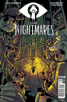 the cover to little nightmares, featuring an image of a group of people in front of a