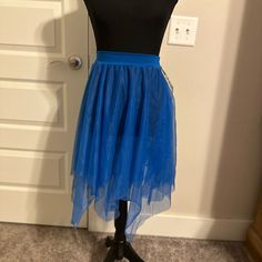 Beautiful Sheer Royal Blue Nwt Body Wrappers High Low Uneven Sheer Dance Skirt Size S/M Blue Tiered Skirt For Party, Summer Dance Bottoms With Tulle Skirt, Summer Dance Tulle Bottoms, Stretch Blue Tiered Skirt, Spring Dance Mini Skirt, Blue Full Tulle Skirt, Blue Stretch Tiered Mini Skirt, Blue Tulle Party Skirt, Blue Flared Tulle Skirt