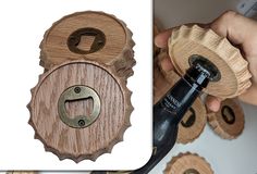 a person holding a bottle opener in their right hand and an image of several wooden wine corks on the left