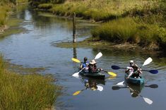 two people in kayaks paddling down a river