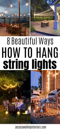 an outdoor patio with string lights that are hanging from the ceiling and on the ground