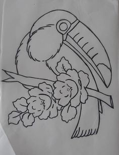 a drawing of a toucan with flowers on it's side and a bird perched on the branch