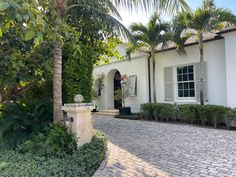 a white house with palm trees in front of it and a stone walkway leading to the entrance