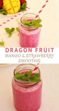 dragon fruit mango and strawberry smoothie in mason jars