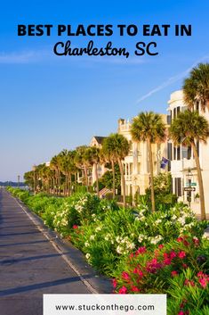 palm trees and flowers line the sidewalk in charleston, sc with text overlay saying best places to eat in charleston, sc