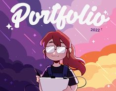 a girl with glasses holding a laptop in front of a purple background that says purfflowe