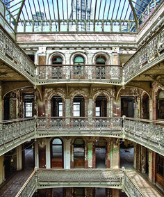 the inside of an old building with multiple balconies