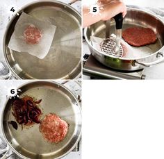 the process of making hamburger patties is shown in three different stages, including frying and cooking