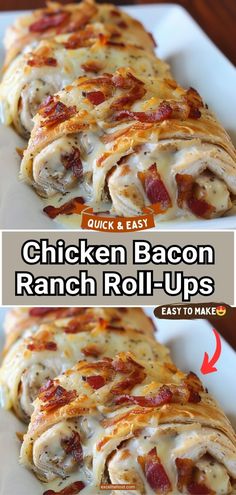 chicken bacon ranch roll - ups on a white plate with text overlay that reads quick and easy