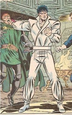 an old comic book cover with two men in white suits and one is holding his hand out