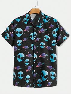 Men Alien Print Shirt Multicolor Street  Short Sleeve Fabric Cartoon,Galaxy Shirt Non-Stretch Summer Men Clothing, size features are:Bust: ,Length: ,Sleeve Length: Spacecore Fashion Men, Cartoon Galaxy, Galaxy Shirt, Street Life, Men Beach, Mens Short Sleeve Shirt, Men Tops, Printed Sleeves, Print Shirt