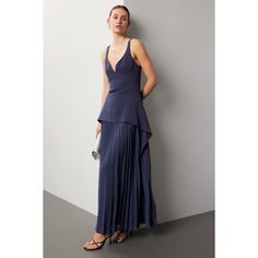 Blue gown (Shell: 71% Acetate, 29% Polyester; Combo: 100% Polyester; Lining: 100% Polyester). Sleeveless. Plunge neck. Side zipper closure. 58" from shoulder to hemline. Imported. Blue Gown, V Neck Midi Dress, Rent The Runway, Closet Designs, Tall Girl, Strapless Bra, Plunging Neckline, Pleated Skirt, Side Zipper