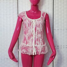 -Sleeveless See-Through Lace Top Blouse -Tie Back -Never Worn. Excellent Condition -Front Button Closure -Overall Style Sleeveless Lace Top For Spring Daywear, Feminine Stretch Sleeveless Lace Top, Feminine Sleeveless Stretch Lace Top, Feminine Sleeveless Lace Top For Daywear, Casual Stretch Lace Sleeveless Top, Casual Sleeveless Stretch Lace Top, Casual Stretch Sleeveless Lace Top, Sleeveless Lace Top For Daywear, Casual Lace Sleeveless Top