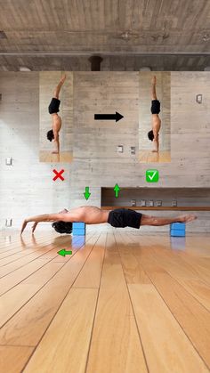 a man is doing exercises on the floor with his hands and feet in the air