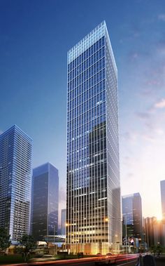 an artist's rendering of a skyscraper in the city at sunset or dawn with cars passing by