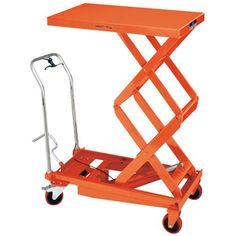 an orange scissor cart with wheels