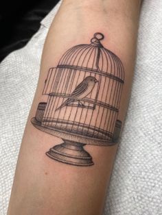 a bird in a cage tattoo on the arm