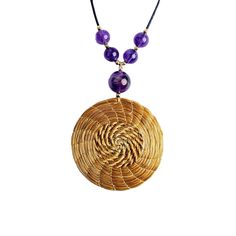 VERA NAVARRO - Golden Mandala Pendant Necklace in Vegetable Gold Ø 50 mm with Amethysts - Waxed Thread Cord 42 cm - Handmade 100% Natural (WITH AMETHYSTS)