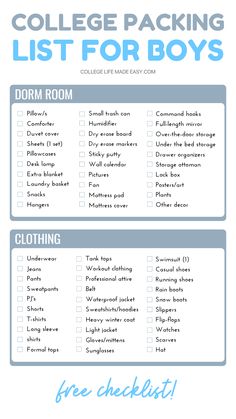 college packing list for boys with the text college packing list for boys in blue and white