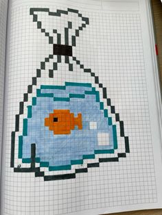 an open book with a drawing of a fish in a bottle on the page,