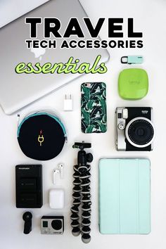 an assortment of electronics and accessories laid out on a white surface with the words travel tech accessories essentials