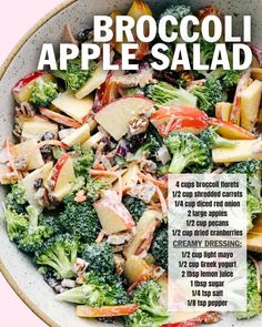 broccoli apple salad in a white bowl with information about the ingredients and how to make it