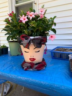 a blue table topped with a potted plant on top of it's head