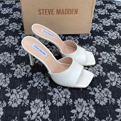 Steve Madden Signal Heels Women’s Size 9.5 Color: White New With Box. Soft Synthetic Lining And A Lightly Cushioned Footbed. Wrapped Stiletto Heel. Durable Man-Made Sole. 3.75” Heel White Open Toe Mules With Reinforced Heel, White High Heel Mules With Reinforced Heel, Sleek White Heels With Reinforced Heel, Open Toe Heels For Brunch, Chic Heels With Wrapped Heel For Brunch, Sleek White Heels With Wrapped Heel, White Sleek Open Heel Heels, Sleek White Open Heel Heels, Open Toe Heels With Wrapped Heel For Brunch