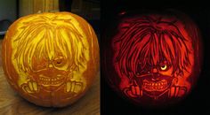 two pumpkins carved to look like the faces of anime characters, one with dreadlocks