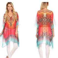 Colorful Pattern Print, 3/4 Length Sleeve, Oversized Caftan Tunic Dress With Laced Up V-Neckline Orange Kaftan For Spring Beach Cover-up, Multicolor Flowy V-neck Cover-up, Orange V-neck Cover-up For Spring, Bohemian Multicolor V-neck Tunic, Multicolor V-neck Tunic For Beachwear, Orange V-neck Cover-up For Beach Season, Colorful Bohemian V-neck Kaftan, Bohemian Orange Tunic For Vacation, Spring Bohemian Orange Tunic