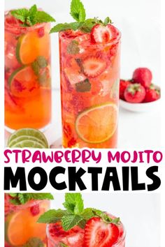 strawberry mojito mocko cocktails with mint garnish and strawberries