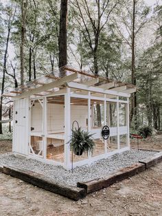 a small white building in the middle of a forest with lots of trees around it