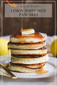 a stack of pancakes with syrup being drizzled on top