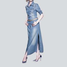 Welcome to the 2023 Spring-Summer Collection! Step into the spotlight with our light wash long denim dress. 90s style ââ‚?the perfect combination of classic and modern style. Perfect for those effortless summer days. this dress will make you look and feel like a trend-setter! Why You'll Love ItThis classic denim dress is designed to be a statement-maker. both comfortable and chic. With its light wash and subtle distressed detailing. it's the perfect balance of nostalgia and modernity. The long l Fitted Denim Maxi Dress, Denim Blue Midi Dress In Denim, Casual Denim Blue Maxi Dress, Blue Washed Denim Midi Dress, Blue Washed Midi Denim Dress, Blue Washed Midi Length Denim Dress, Summer Medium Wash Midi Dress With Pockets, Casual Fitted Maxi Dress In Medium Wash, Medium Wash Midi Dress With Pockets For Summer