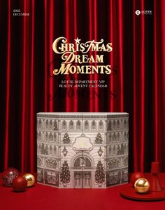 the cover of christmas dream moments, with red curtains and gold ornaments on top of it